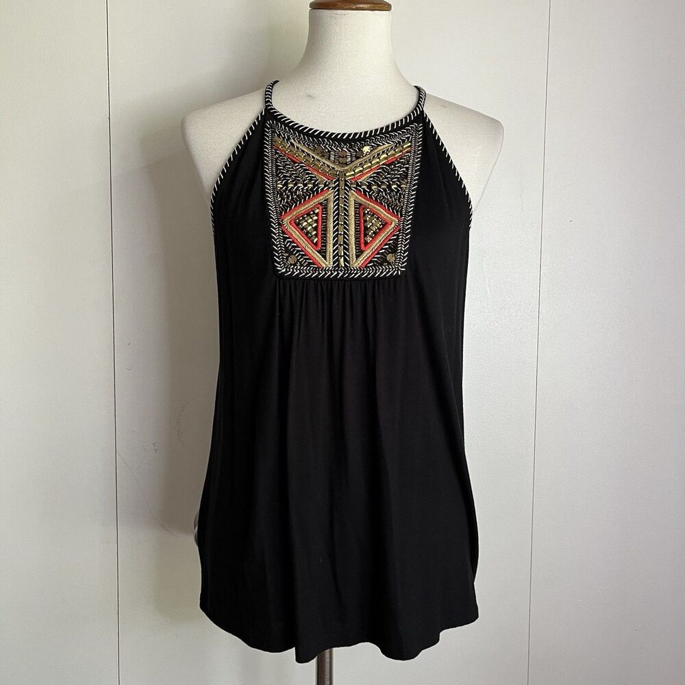 INC International Concepts Embroidered Beaded Studded Halter Top M Black Boho